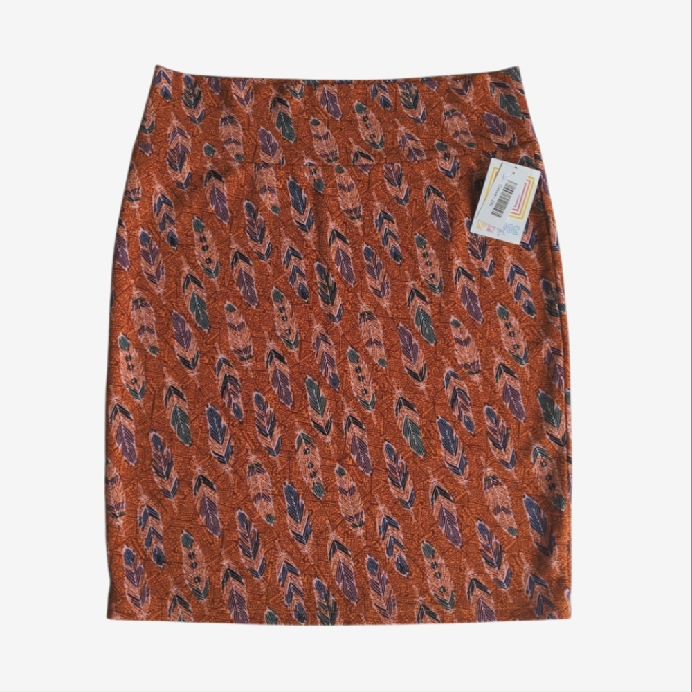 NWT LulaRoe Cassie Feather Print Pencil Skirt 2XL Burnt Orange Pattern